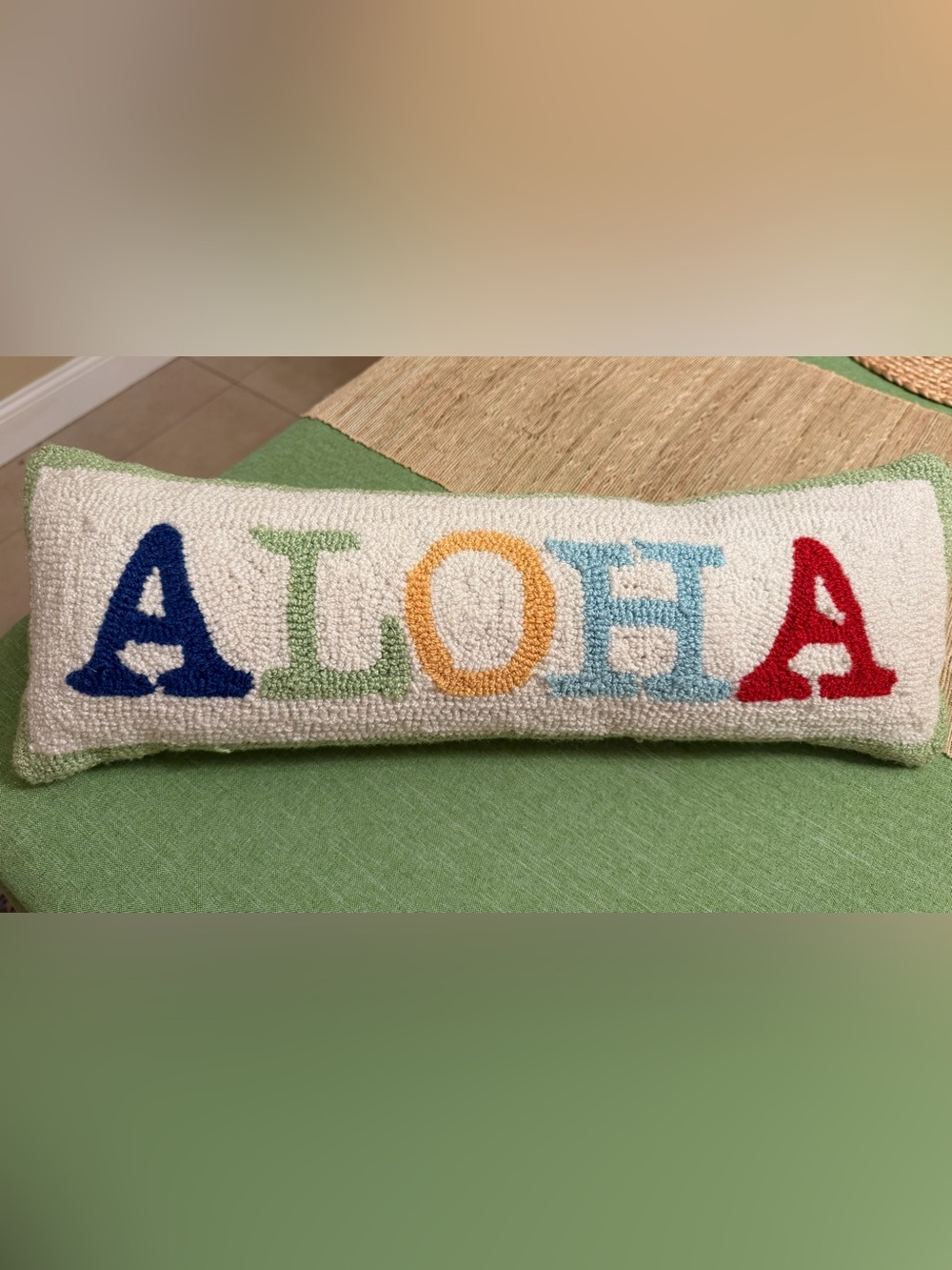 Aloha Hooked Lumbar Pillow - Multicolor Letters on Cream 22” x 8”